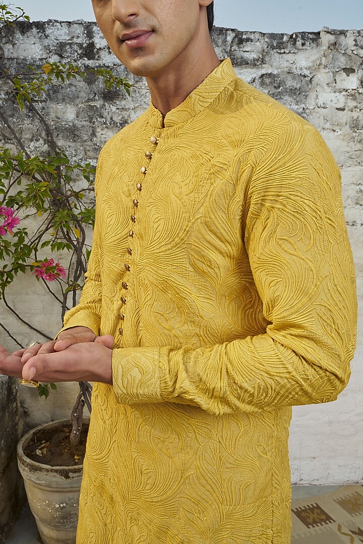 Yellow Cotton Silk Embroidered Kurta Set by Philocaly at Pernia's Pop Up Shop