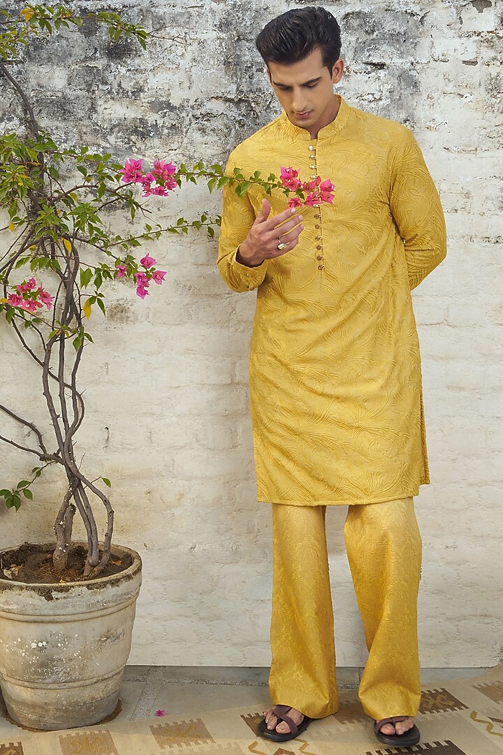 Yellow Cotton Silk Embroidered Kurta Set by Philocaly at Pernia's Pop Up Shop