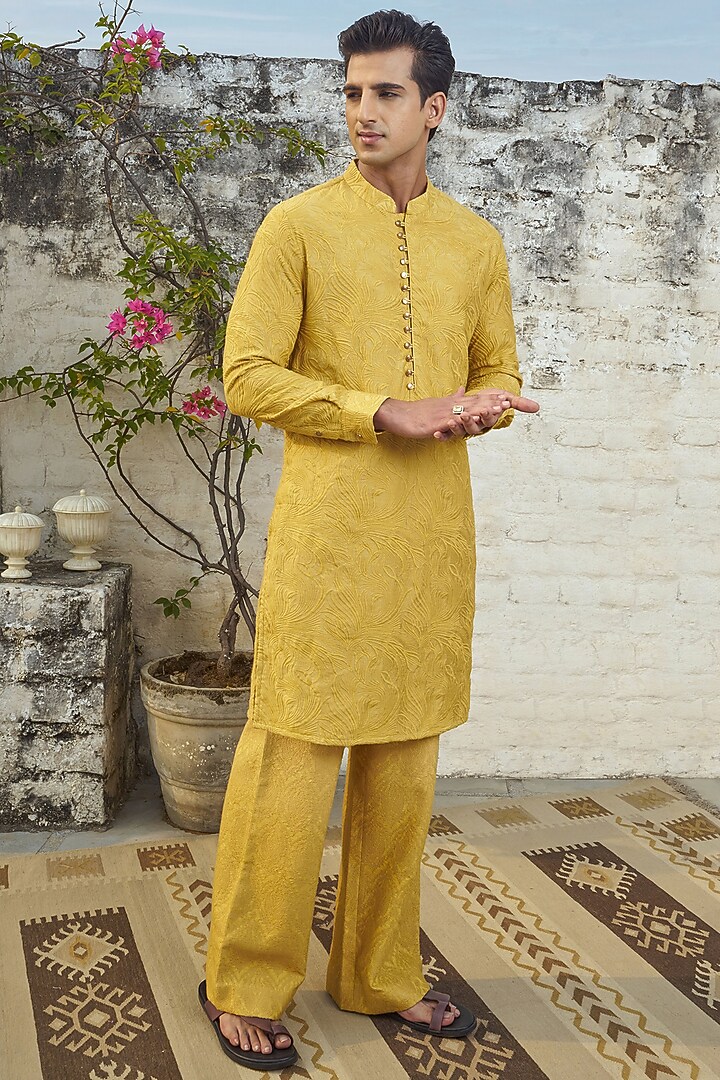 Yellow Cotton Silk Embroidered Kurta Set by Philocaly at Pernia's Pop Up Shop