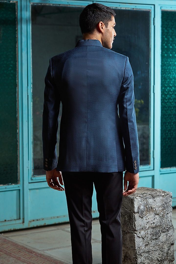 Navy Blue Jacquard Asymmetric Bandhgala Jacket by Philocaly at Pernia's Pop Up Shop