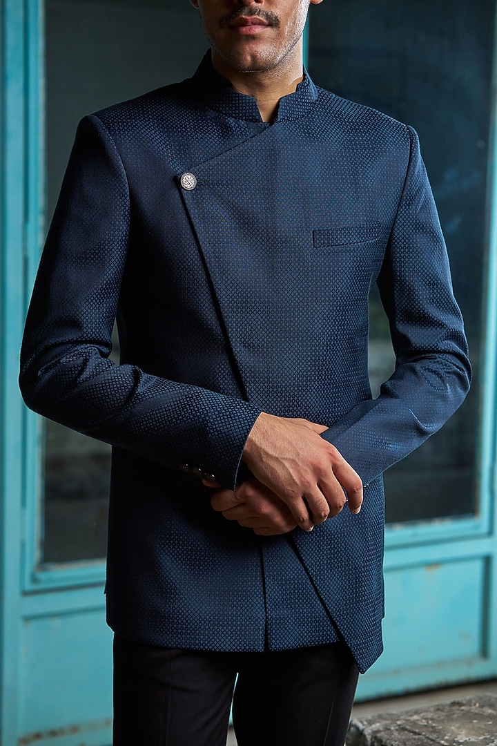 Navy Blue Jacquard Asymmetric Bandhgala Jacket by Philocaly at Pernia's Pop Up Shop
