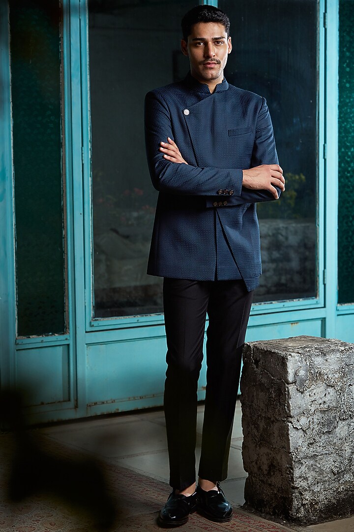 Navy Blue Jacquard Asymmetric Bandhgala Jacket by Philocaly at Pernia's Pop Up Shop