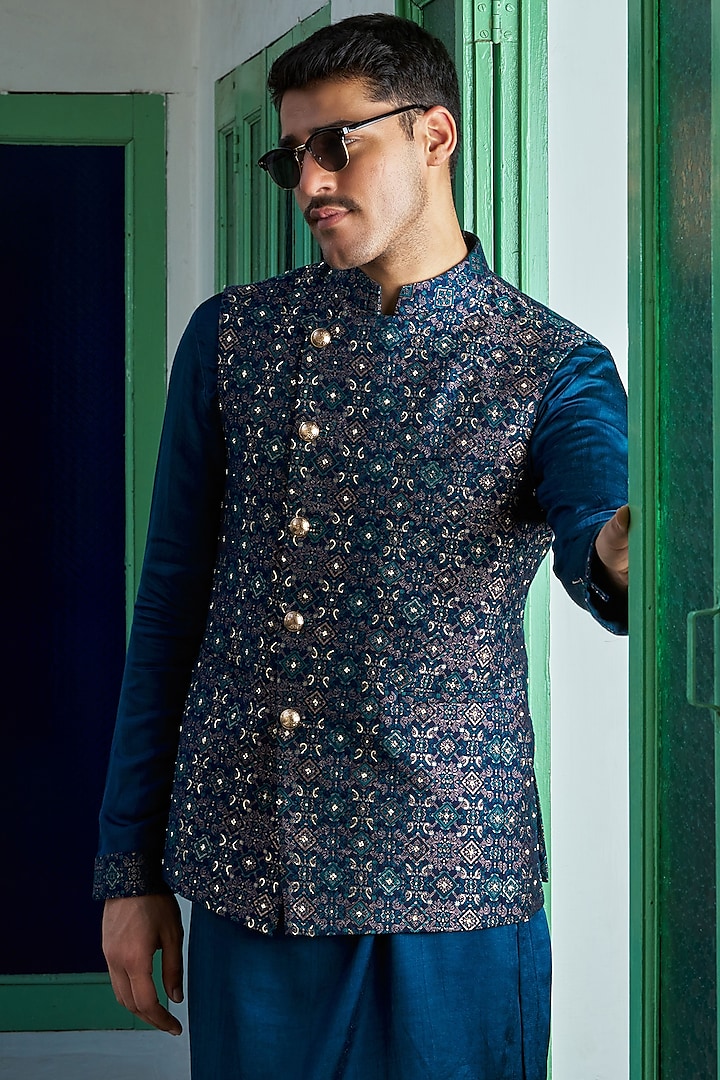 Indigo Blue Banarasi Brocade Asymmetric Bundi Jacket by Philocaly at Pernia's Pop Up Shop