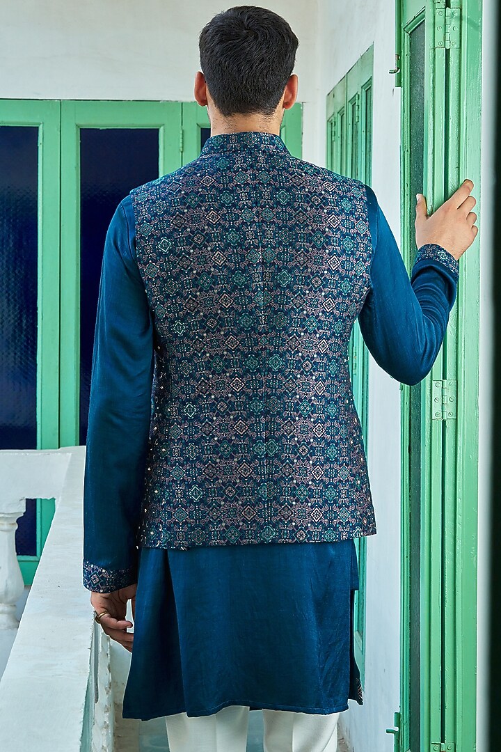 Indigo Blue Banarasi Brocade Asymmetric Bundi Jacket by Philocaly at Pernia's Pop Up Shop
