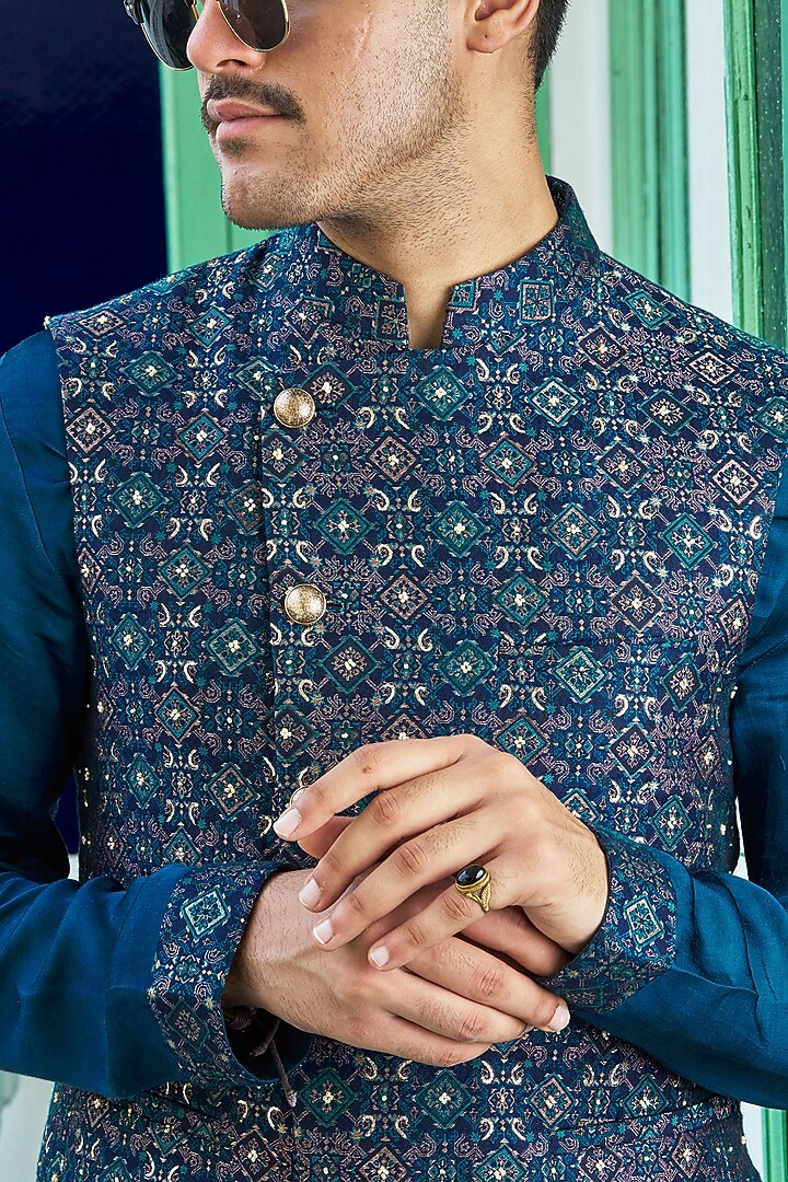 Indigo Blue Banarasi Brocade Asymmetric Bundi Jacket by Philocaly at Pernia's Pop Up Shop