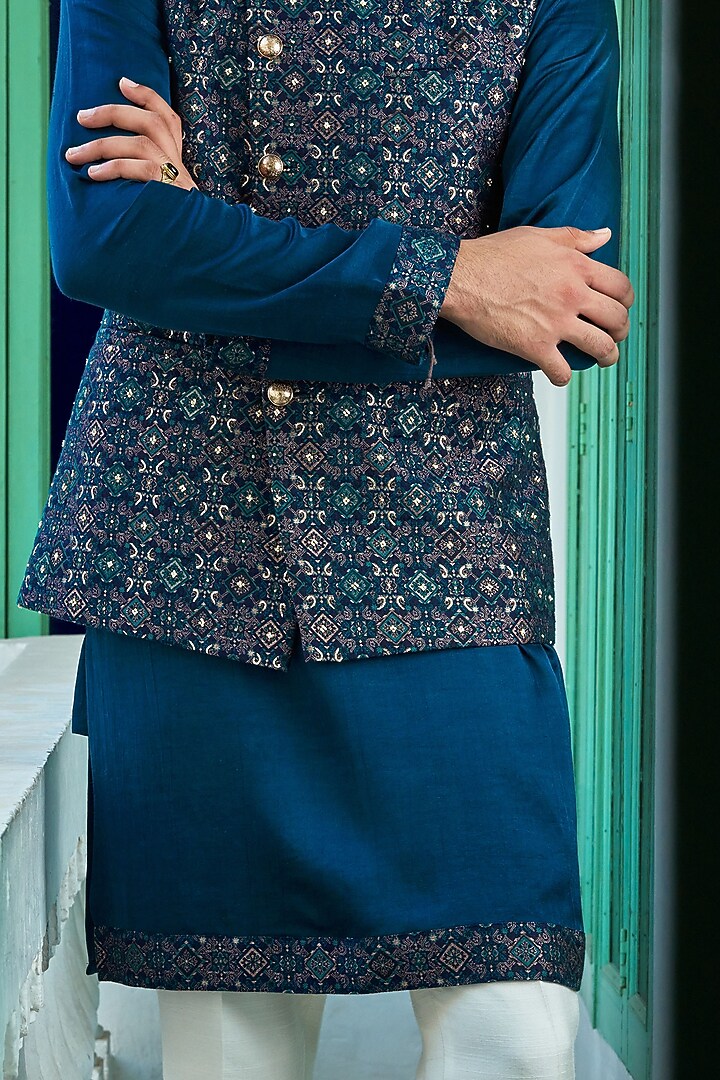 Indigo Blue Banarasi Brocade Asymmetric Bundi Jacket by Philocaly at Pernia's Pop Up Shop