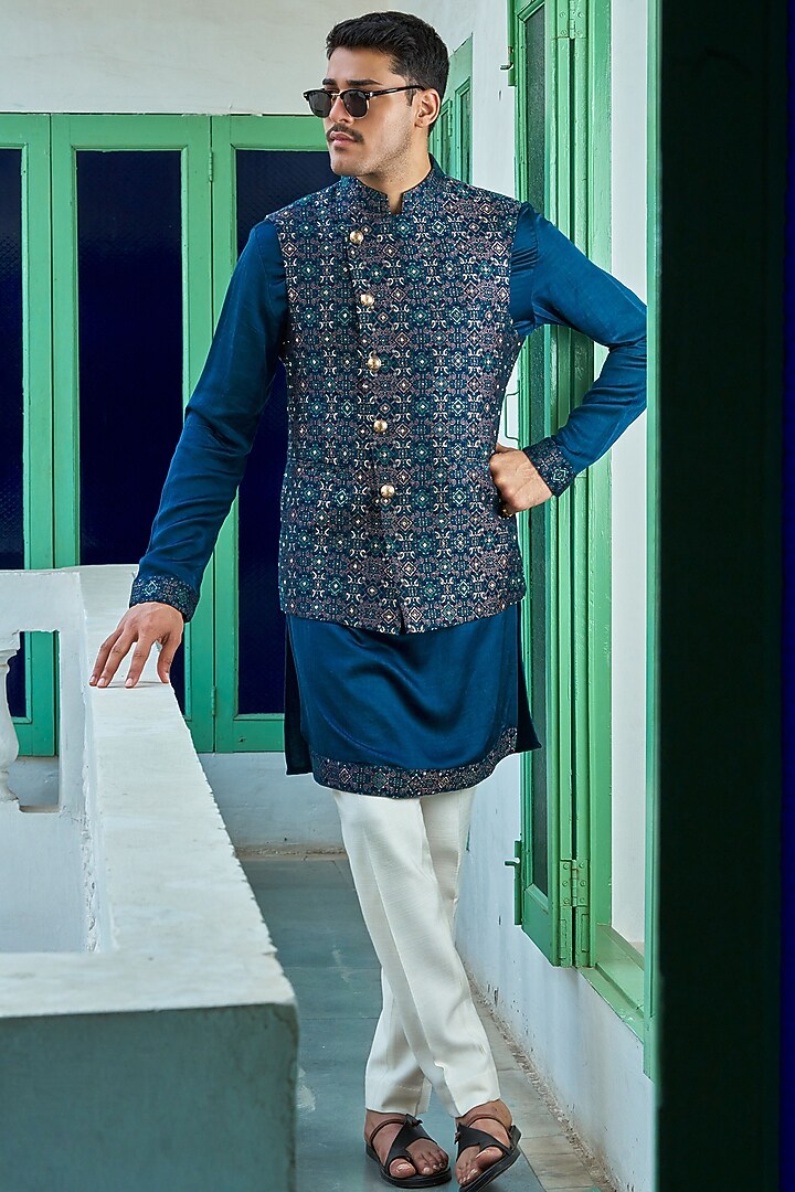 Indigo Blue Banarasi Brocade Asymmetric Bundi Jacket by Philocaly at Pernia's Pop Up Shop