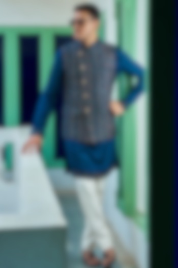 Indigo Blue Banarasi Brocade Asymmetric Bundi Jacket Set by Philocaly at Pernia's Pop Up Shop