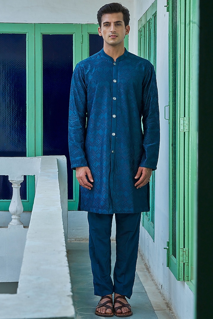 Blue Cotton Silk Embroidered Kurta Set by Philocaly