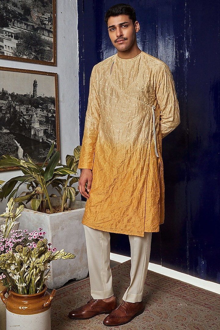 Yellow Ombre Chanderi Floral Motif Embroidered Angrakha Kurta by Philocaly at Pernia's Pop Up Shop