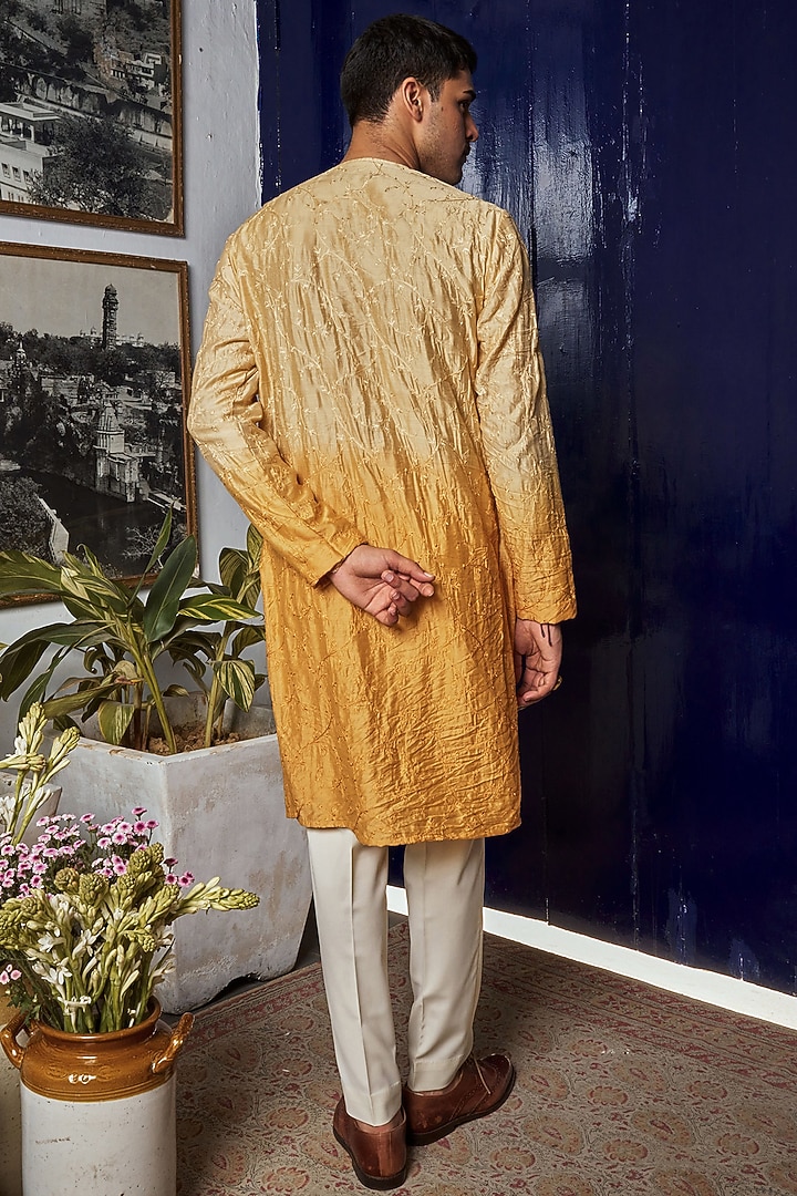 Yellow Ombre Chanderi Floral Motif Embroidered Angrakha Kurta by Philocaly at Pernia's Pop Up Shop