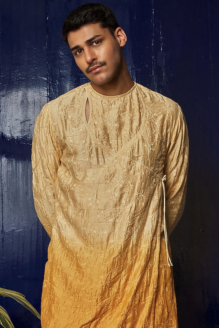 Yellow Ombre Chanderi Floral Motif Embroidered Angrakha Kurta by Philocaly at Pernia's Pop Up Shop