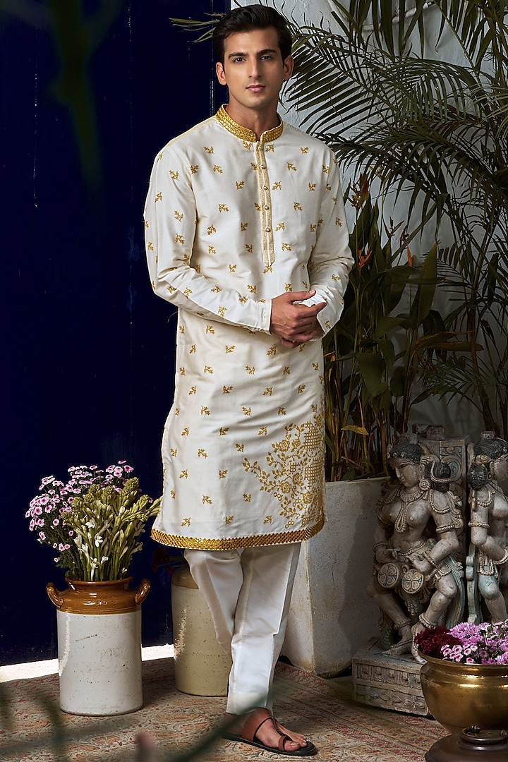 White Cotton Silk Embroidered Kurta Set by Philocaly