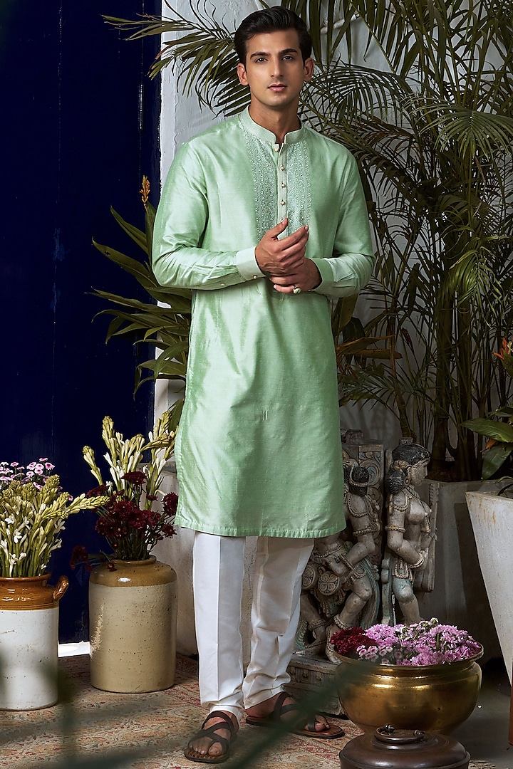 Pastel Green Cotton Silk Embroidered Kurta Set by Philocaly at Pernia's Pop Up Shop