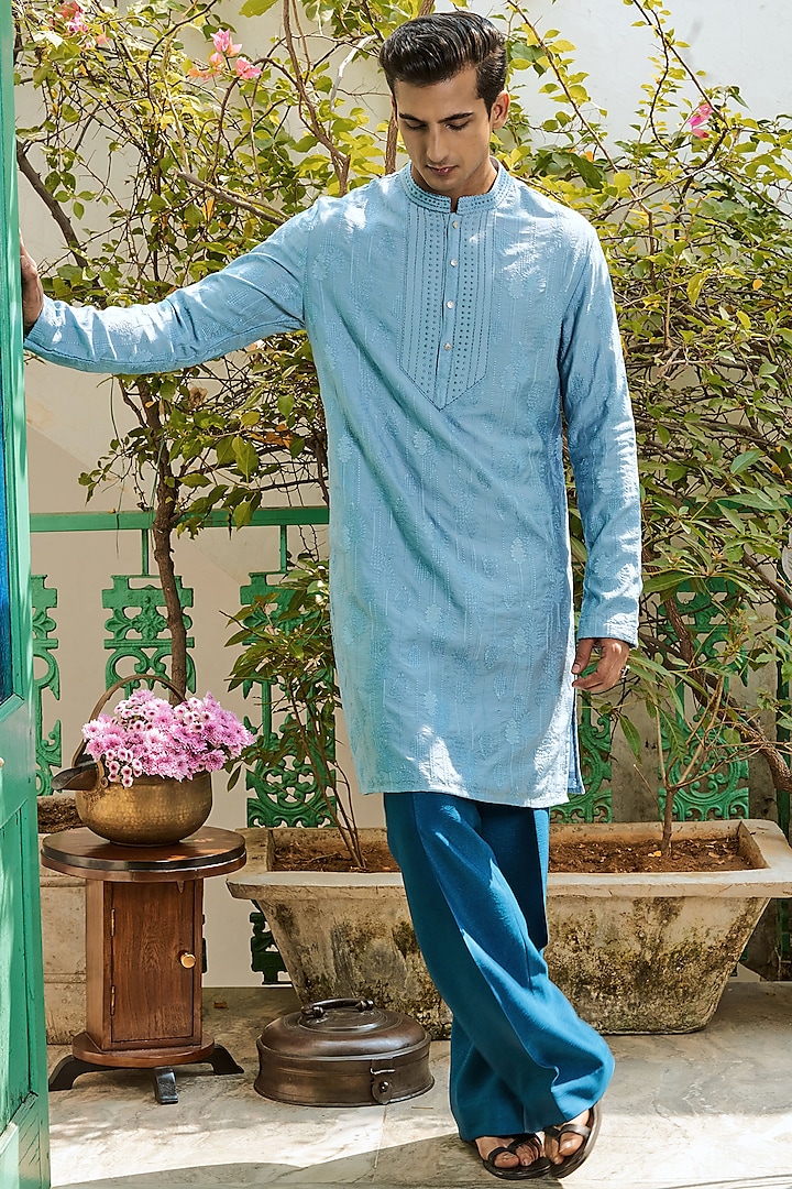 Sky Blue Chanderi Embroidered Kurta by Philocaly at Pernia's Pop Up Shop