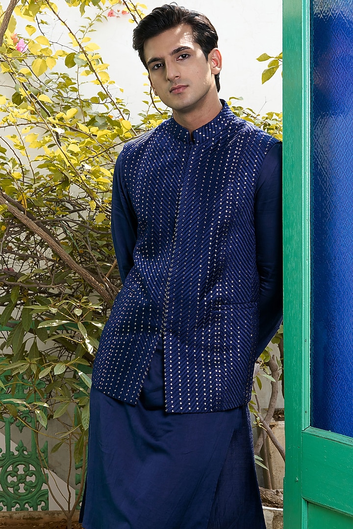 Deep Blue Cotton Silk Sequins Embroidered Bundi Jacket by Philocaly at Pernia's Pop Up Shop
