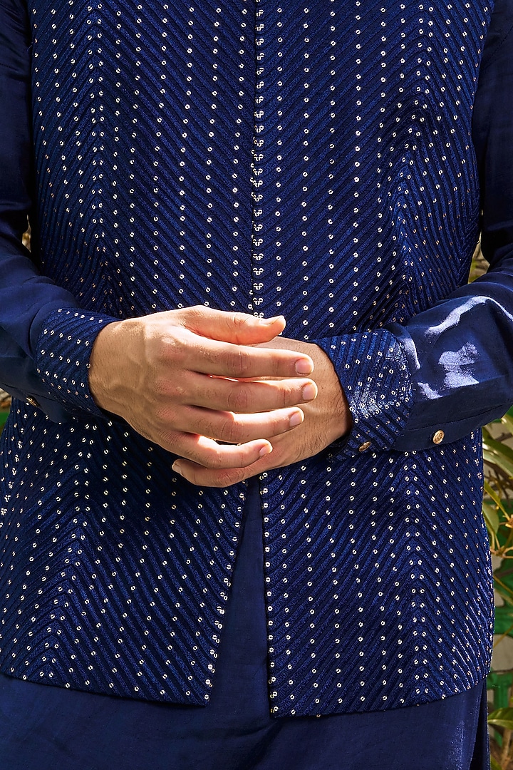 Deep Blue Cotton Silk Sequins Embroidered Bundi Jacket by Philocaly at Pernia's Pop Up Shop
