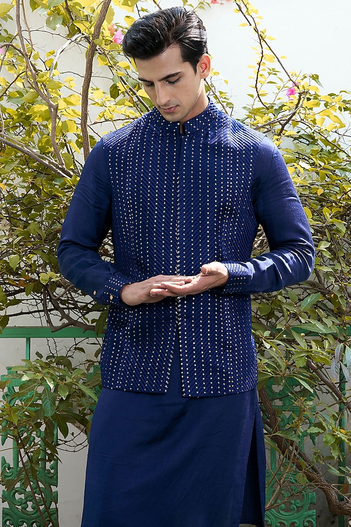 Deep Blue Cotton Silk Sequins Embroidered Bundi Jacket Set by Philocaly at Pernia's Pop Up Shop
