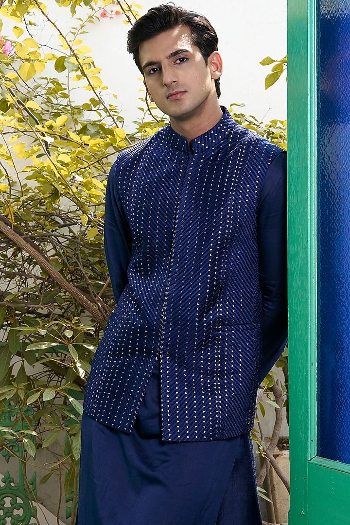 Deep Blue Cotton Silk Sequins Embroidered Bundi Jacket Set by Philocaly at Pernia's Pop Up Shop