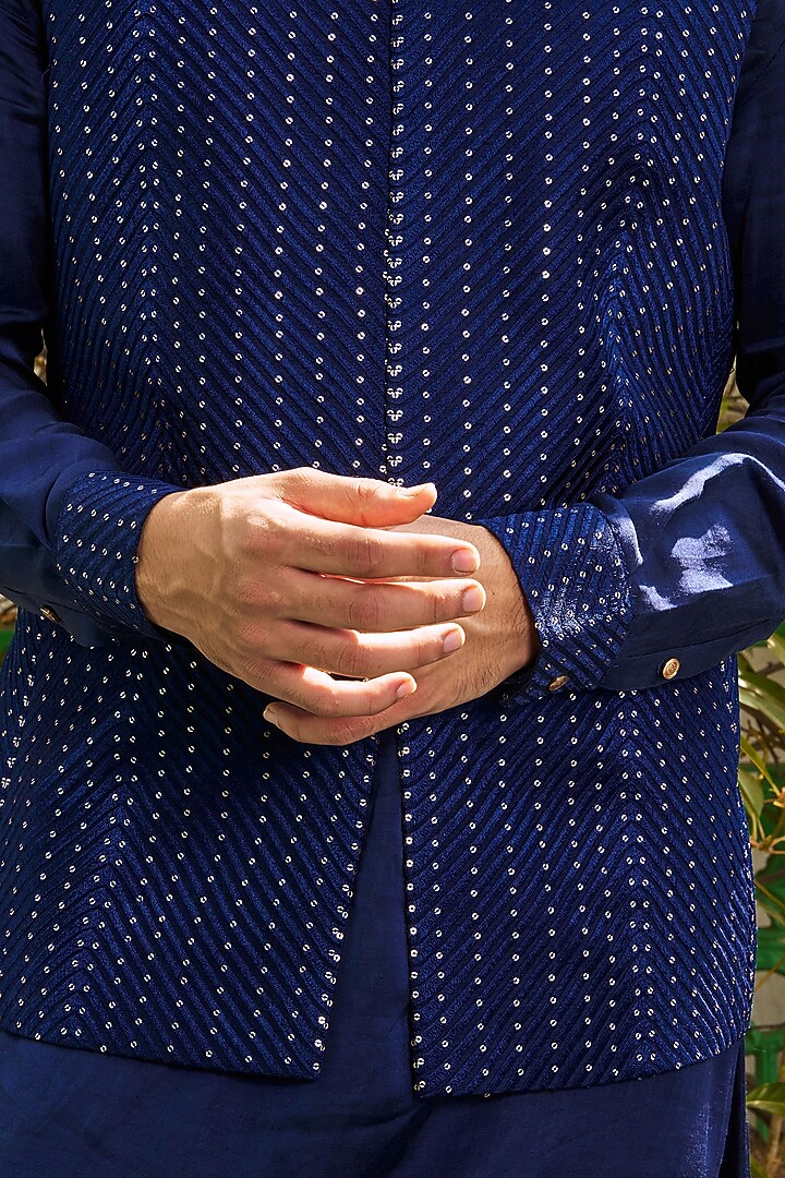 Deep Blue Cotton Silk Sequins Embroidered Bundi Jacket Set by Philocaly at Pernia's Pop Up Shop