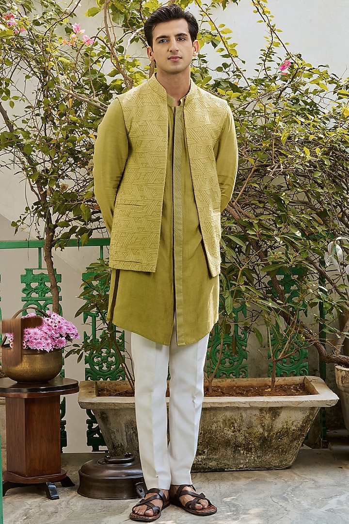 Light Green Cotton Silk Embroidered Bundi Jacket Set by Philocaly