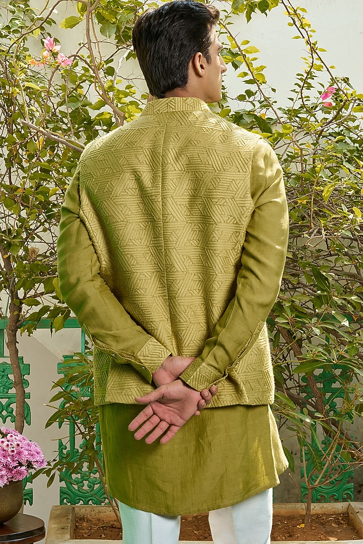 Light Green Cotton Silk Embroidered Bundi Jacket Set by Philocaly at Pernia's Pop Up Shop