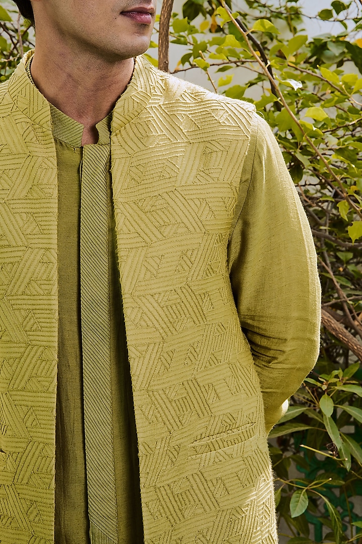 Light Green Cotton Silk Embroidered Bundi Jacket Set by Philocaly at Pernia's Pop Up Shop