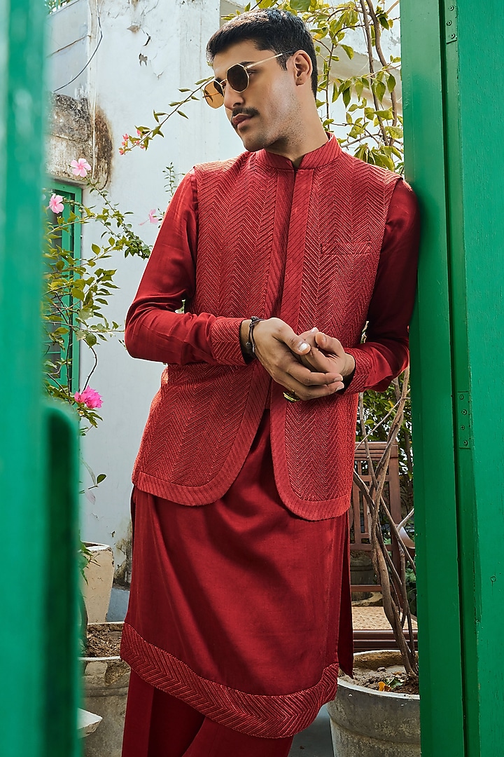 Red Cotton Silk Motif Embroidered Bundi Jacket by Philocaly at Pernia's Pop Up Shop