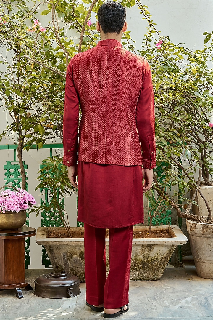 Red Cotton Silk Motif Embroidered Bundi Jacket by Philocaly at Pernia's Pop Up Shop