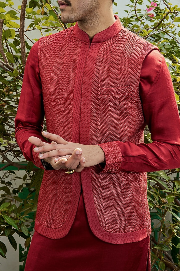 Red Cotton Silk Motif Embroidered Bundi Jacket by Philocaly at Pernia's Pop Up Shop