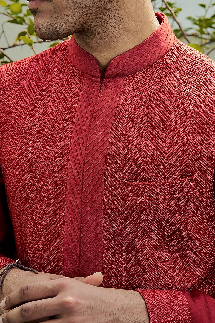 Red Cotton Silk Motif Embroidered Bundi Jacket by Philocaly at Pernia's Pop Up Shop