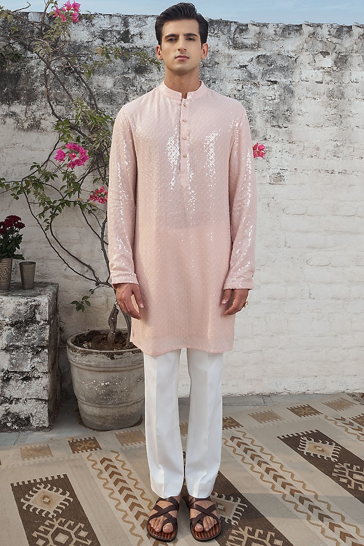 Light Pink Pure Silk Georgette Sequins Kurta by Philocaly