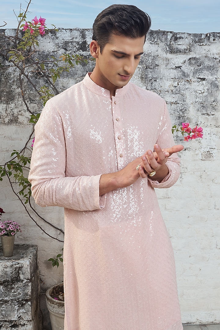 Light Pink Pure Silk Georgette Sequins Kurta by Philocaly at Pernia's Pop Up Shop