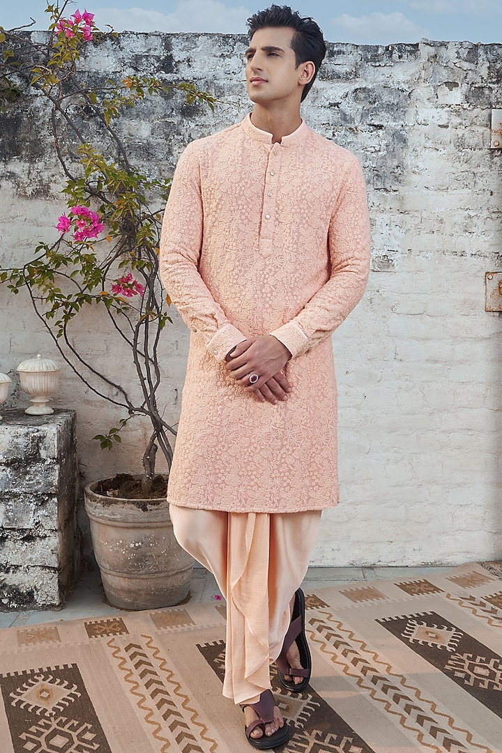 Peach Georgette Floral Embroidered Kurta by Philocaly at Pernia's Pop Up Shop