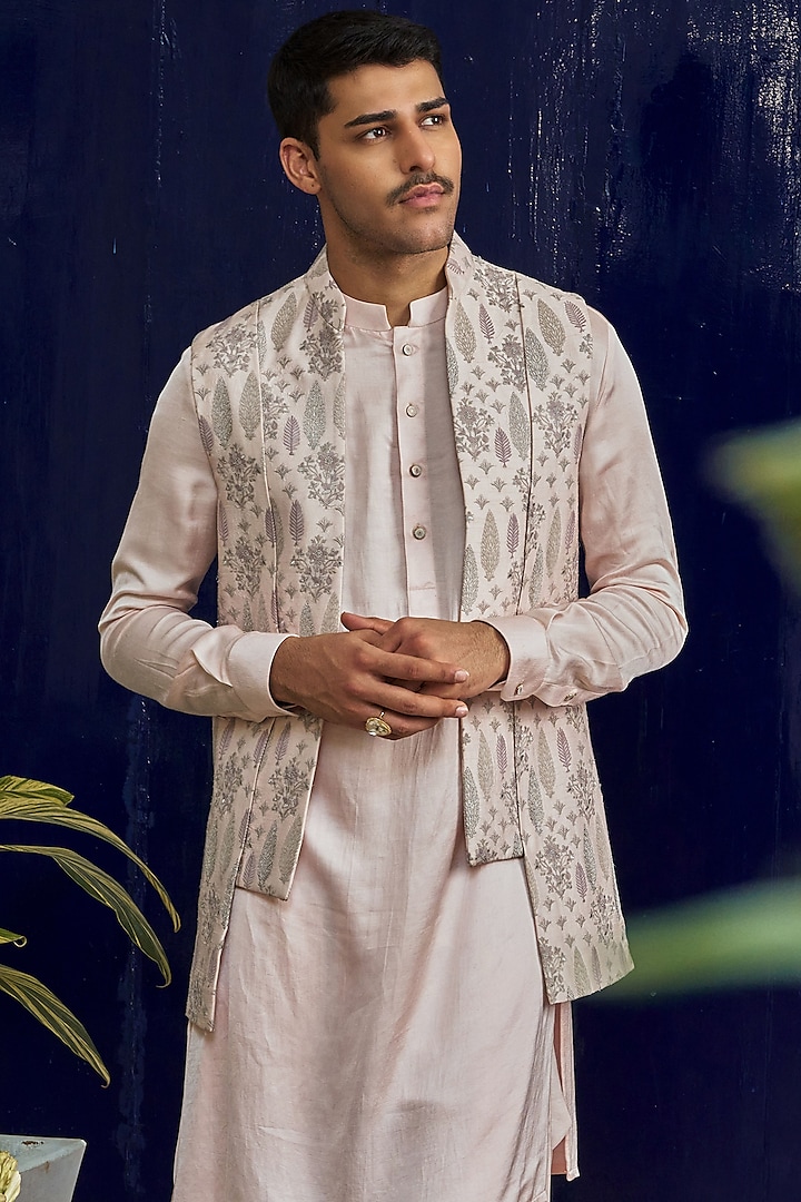 Pink Cotton Silk Embroidered Bundi Jacket by Philocaly at Pernia's Pop Up Shop