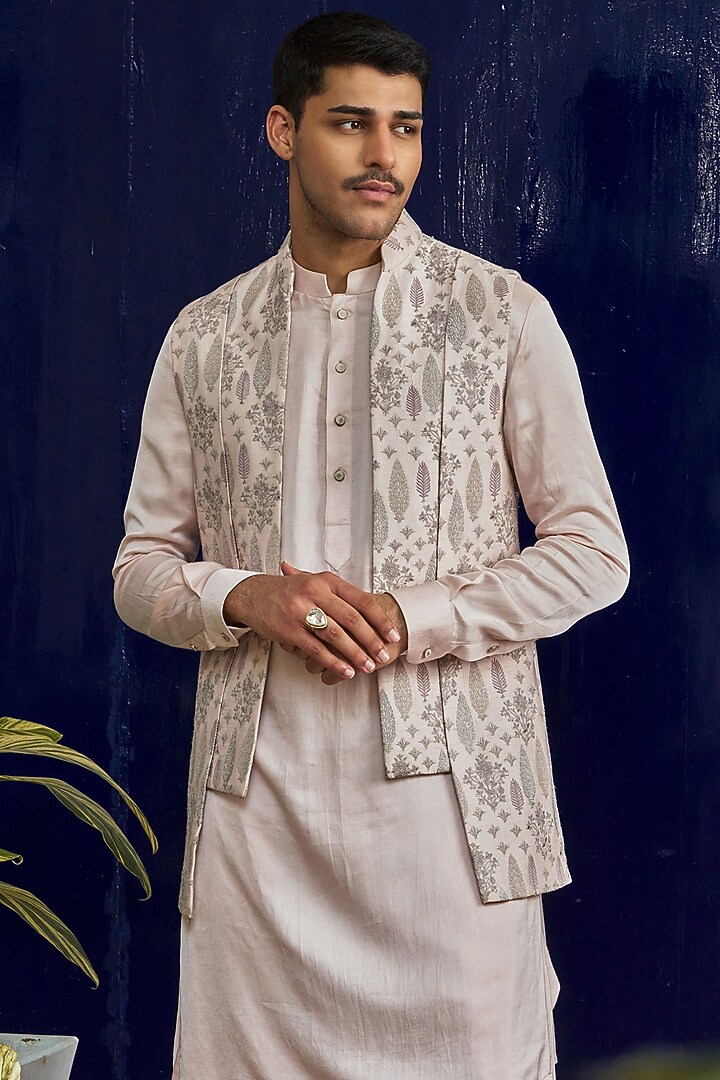 Pink Cotton Silk Embroidered Bundi Jacket by Philocaly at Pernia's Pop Up Shop