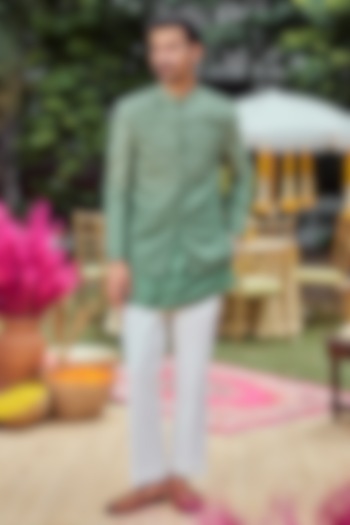 Ombre Green Silk Blend Thread Embroidered Wedding Bandhgala Set by Philocaly at Pernia's Pop Up Shop