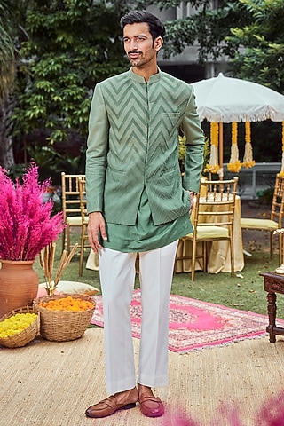 Ombre Green Silk Blend Thread Embroidered Bandhgala Set by Philocaly