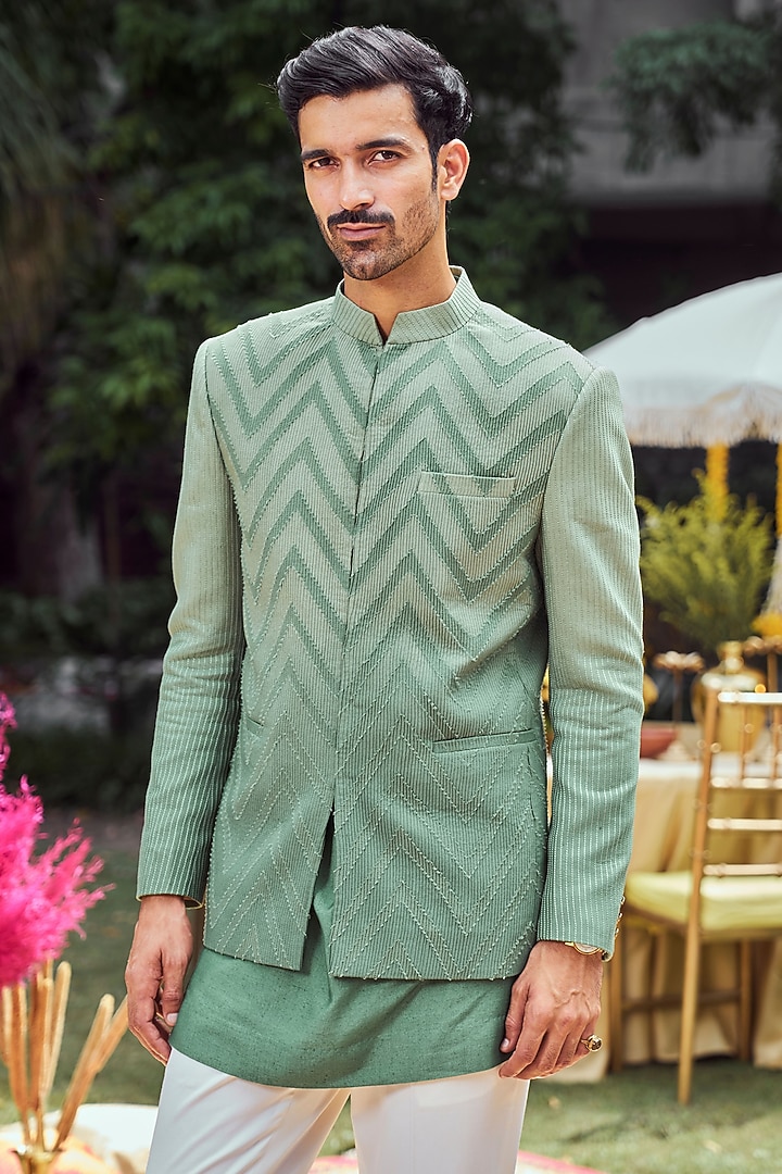 Ombre Green Silk Blend Thread Embroidered Wedding Bandhgala Set by Philocaly at Pernia's Pop Up Shop