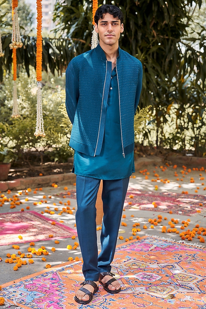 Teal Blue Blended Silk Zari Embroidered Wedding Indowestern by Philocaly at Pernia's Pop Up Shop