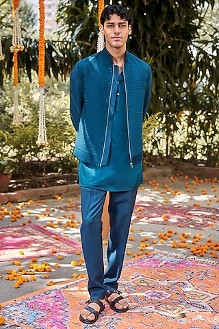 Teal Blue Blended Silk Zari Embroidered Indowestern Set by Philocaly
