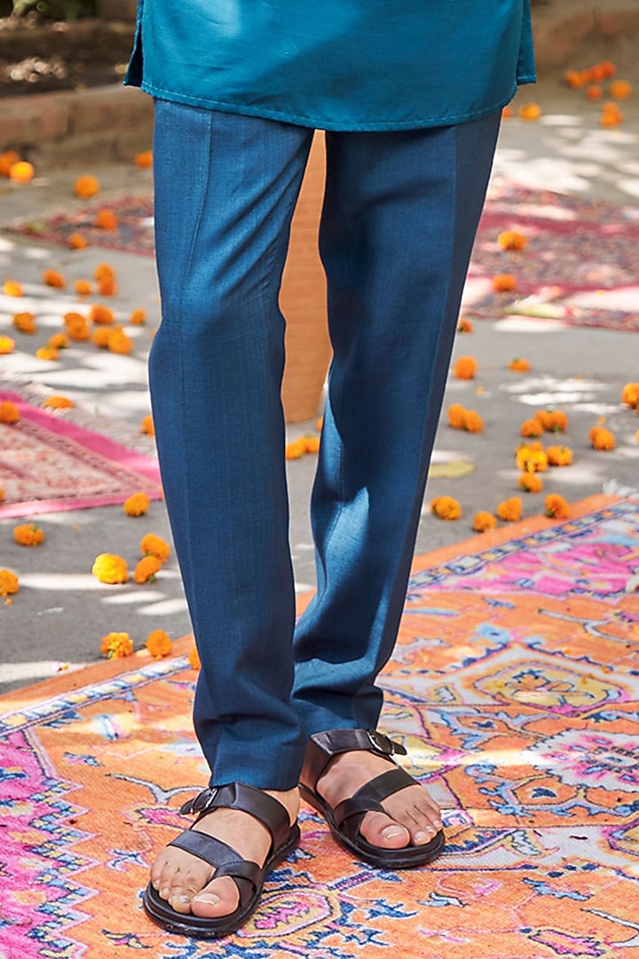 Teal Blue Blended Silk Zari Embroidered Wedding Indowestern Set by Philocaly at Pernia's Pop Up Shop