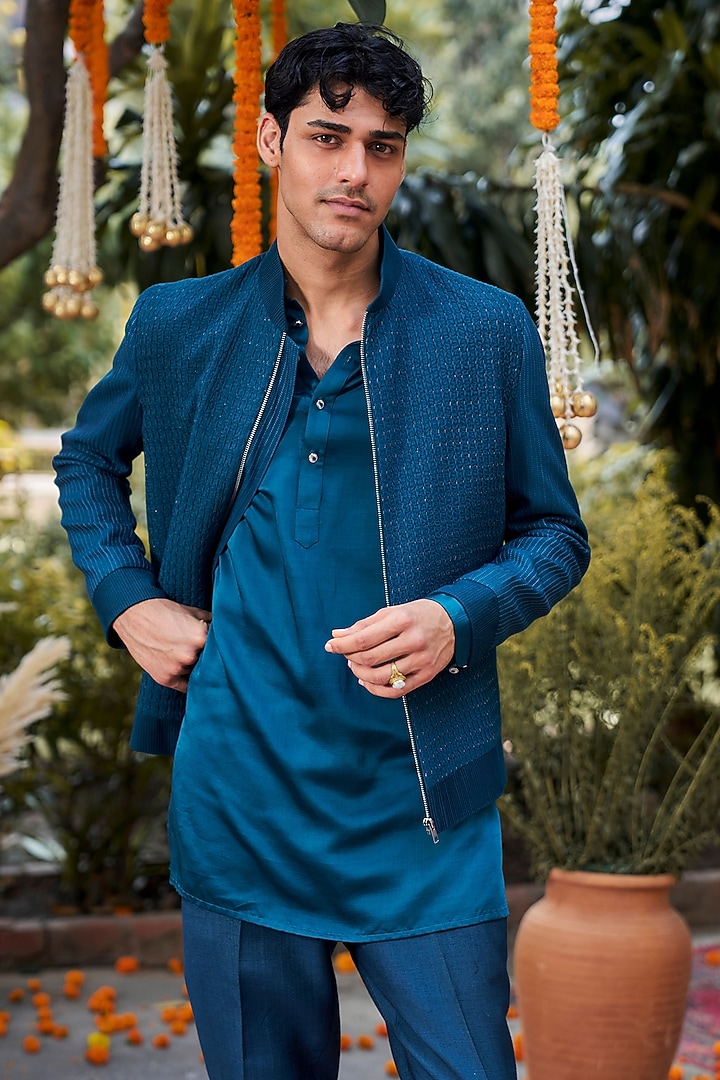 Teal Blue Blended Silk Zari Embroidered Wedding Indowestern Set by Philocaly at Pernia's Pop Up Shop