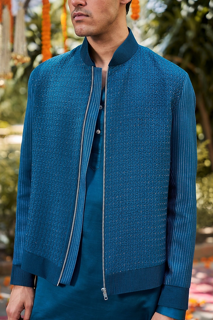 Teal Blue Blended Silk Zari Embroidered Wedding Indowestern Set by Philocaly at Pernia's Pop Up Shop