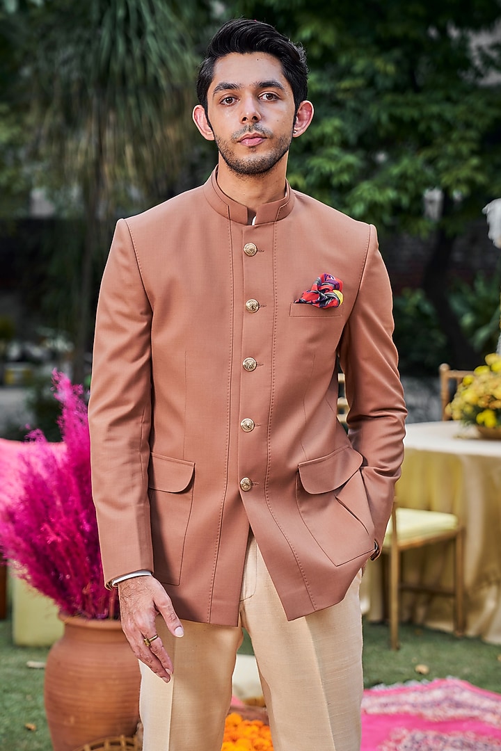 Tan brown Perennial Wool Bandhgala by Philocaly at Pernia's Pop Up Shop