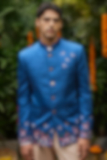 Blue Mysore Silk Embroidered Wedding Bandhgala by Philocaly at Pernia's Pop Up Shop