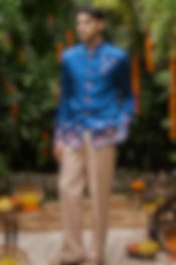 Blue Mysore Silk Embroidered Wedding Bandhgala Set by Philocaly at Pernia's Pop Up Shop