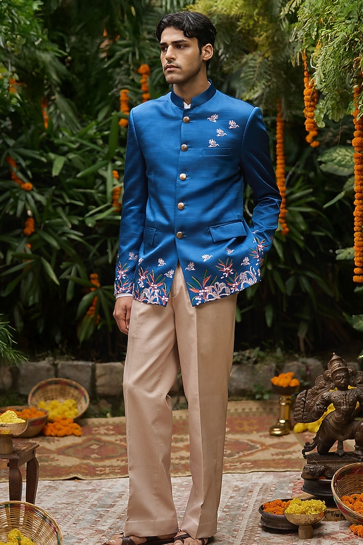 Blue Mysore Silk Embroidered Wedding Bandhgala Set by Philocaly at Pernia's Pop Up Shop