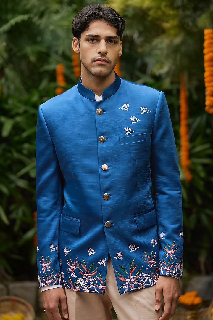 Blue Mysore Silk Embroidered Wedding Bandhgala Set by Philocaly at Pernia's Pop Up Shop