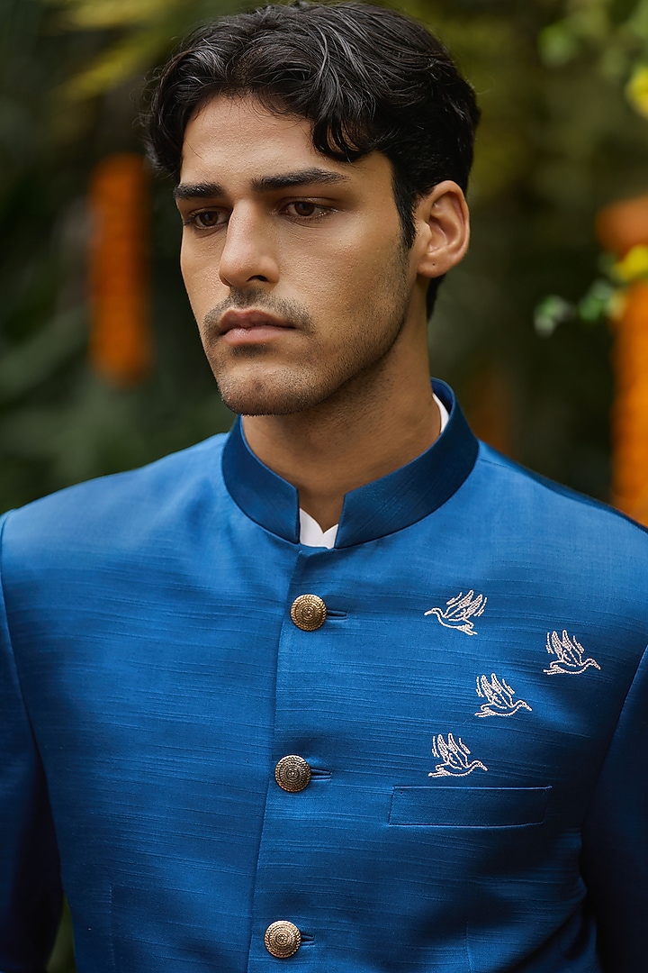 Blue Mysore Silk Embroidered Wedding Bandhgala Set by Philocaly at Pernia's Pop Up Shop